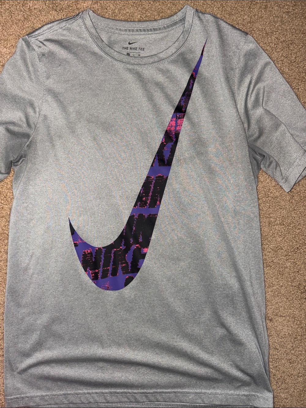 Nike Silver Athletic Tee with Purple and Black Swoosh